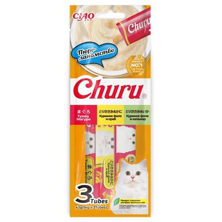 лакомство для кошек INABA Ciao Churu тунец Магуро, куриное филе и краб, куриное филе и кальмар