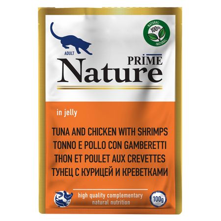 корм для кошек PRIME Nature тунец с курицей и креветками в желе пауч 100г влажный корм для кошек nature s table индейка в соусе 85 г