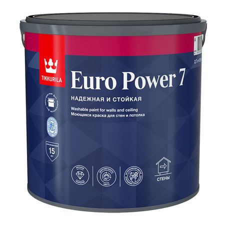 краска акриловая TIKKURILA Euro Power 7 для стен и потолков база А 2,7л белая, арт.700001120 краска акриловая tikkurila euro extra 20 для стен и потолков база с 2 7л бес ная арт 700001109