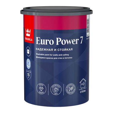 краска акриловая TIKKURILA Euro Power 7 для стен и потолков база А 0,9л белая, арт.700001118 краска акриловая tikkurila euro extra 20 для стен и потолков база с 2 7л бес ная арт 700001109
