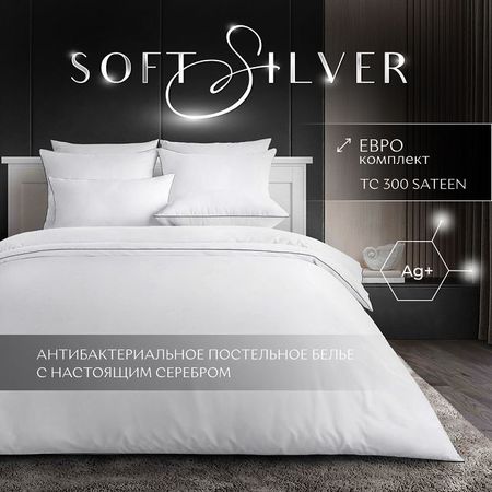 постельное белье евро SOFT SILVER Альпийский снег сатин-люкс с серебром 2 нав.50х70см, арт.7