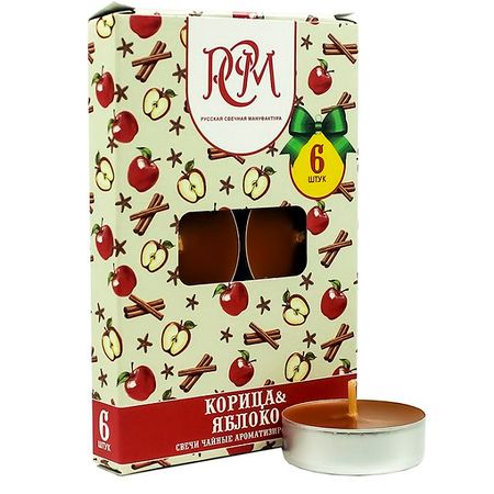 свечи чайные РСМ 6шт 3,9х1,2см 3ч/г аромат корица, яблоко