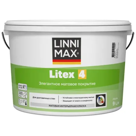 Краска для внутренних покрытий моющаяся Linnimax Linnimax Litex 4 Б3 матовая цвет прозрачный база C 9 л