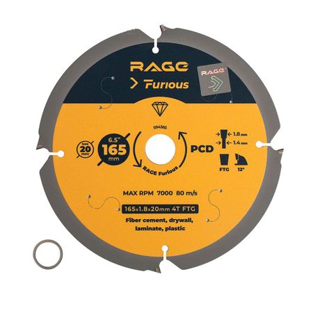 Диск пильный по фиброцементу Rage Furious 165x20x1,4 мм 4 зуба (594365) диск пильный rage furious fast cut по дереву 210х25 4 20 16мм 14 зубьев