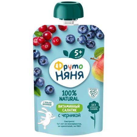 Пюре ФрутоНяня яблочное, черника, брусника, клюква, пауч 90 г